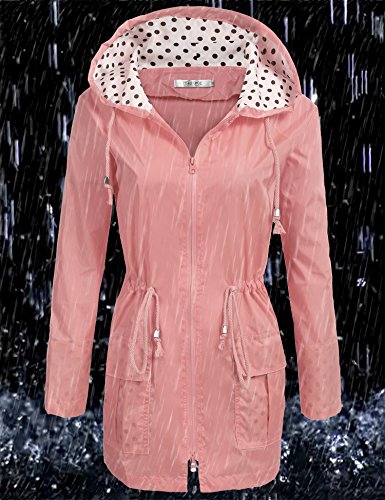 COSBEAUTY Waterproof Lightweight Rain Jacket Active Outdoor Hooded Raincoat for Women, Pastel Pink, Small