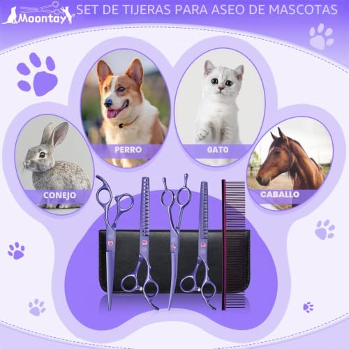 Moontay Professional Dog Grooming Scissors Set, 7"/8" Pet Grooming Scissors, Dog Thinning Scissors with Comb (7", Purple)
