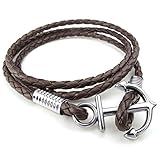 KONOV Mens Womens Leather Bracelet, Braided Anchor Wrap Bangle, Brown Silver
