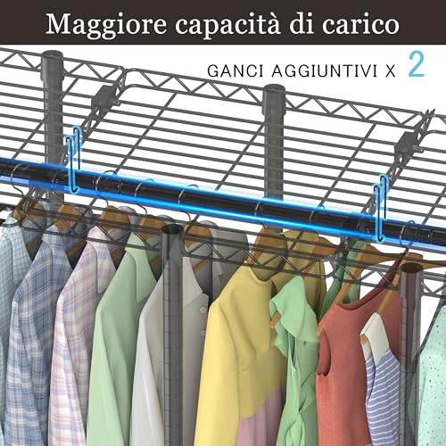 AQRA Metal Coat Stand, Adjustable Shelf Height, Large Capacity Wardrobe, 4 Assembly Methods, for Hanging Clothes, Storage, 193.5W×43.5D×195H (Black)