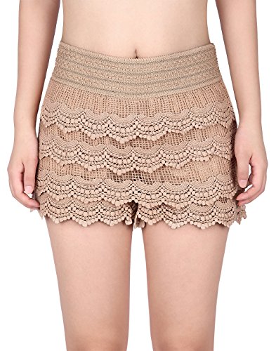 HDE Women's Lace Shorts Fitted Scallop Hem Crochet Mini Hot Pants - Taupe, Medium (US 6/8)