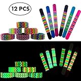 Glow in The Dark Slap Bracelets for Boys Girls Kids 12 PCs – Silicone Slap On Wristbands with Fluorescent and UV - Black Light Reactive Multicolored Spikes – Great Birthday Party Favors - Supplies
