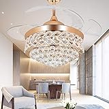 RS Lighting Chandelier Ceiling Fan with Crystal for Room Decoration 42 Inch Shrinkable Blades Invisible Ceiling Fan Led 32W Has 3 Light Color for Indoor Outdoor Living Dining Room Corridor (Gold-01)