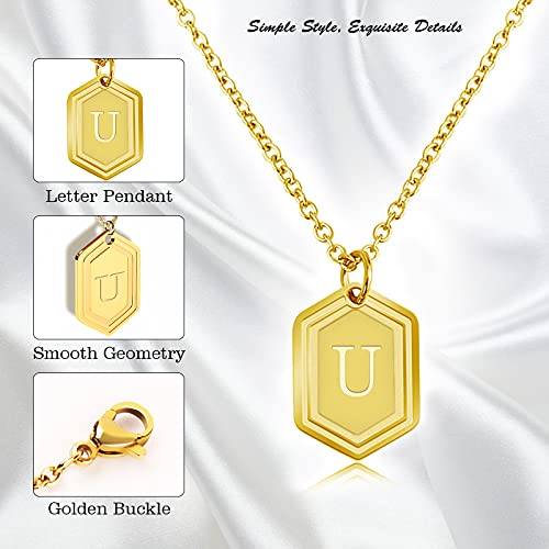 UHIBROS Necklaces for Women, 14K Gold Plated Hexagon Initial Necklaces, Dainty Personalized Alphabet Letter Choker with Adjustable Chain Pendant, Jewelry Gift for Women, Girls or Men-U