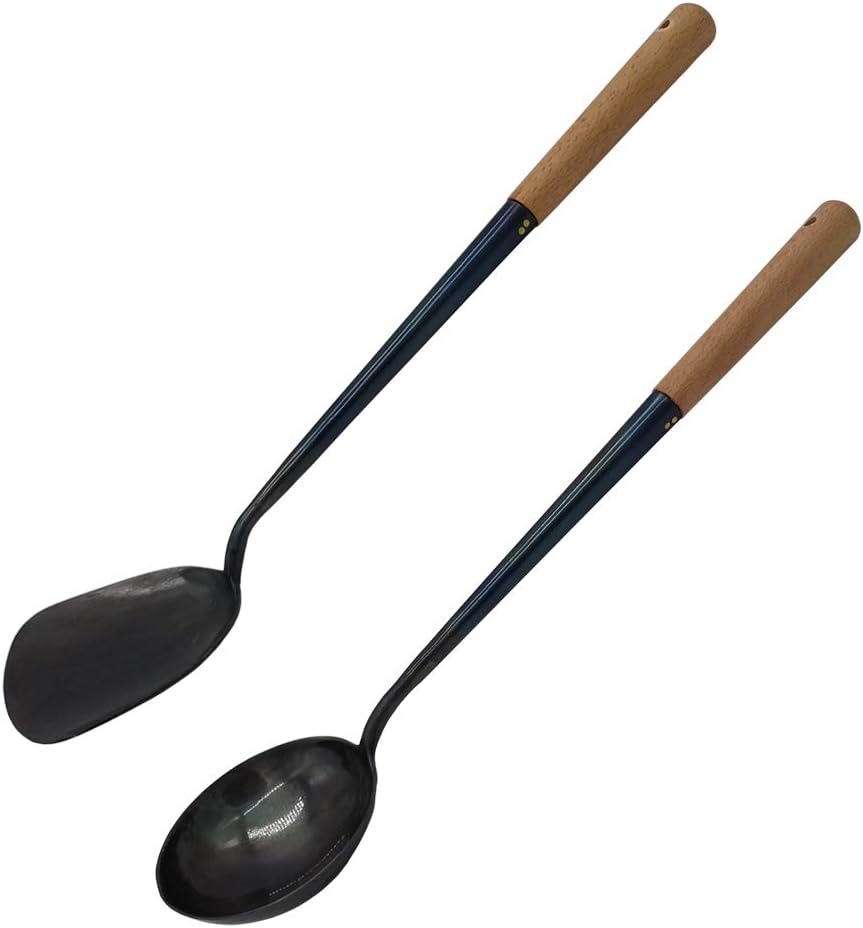 RNY Traditional Hand Made Turner and Ladle Set for Wok, Asian Stir Fry Cooking Utensil Set with Wooden Handle, Chinese Chuan and Hoak Set