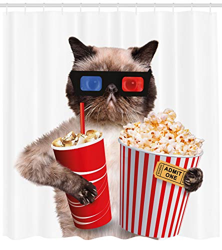 Ambesonne Movie Theater Decor Shower Curtain Cat With Popcorn And