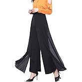 Double Plus Open Womens Chiffon High Waist Palazzo Dressy Pants Flare Elastic Waist Culottes Trousers Pant