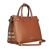Tote Bag Handbag Authentic Burberry Medium Banner in Leather and House Check TAN Item 39807941