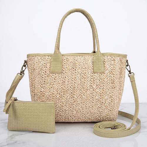 Women's Summer Bag – Raffia Bag with Green Details – Wicker Bag – Matching Purse – Beach Basket with Zip (Green)
