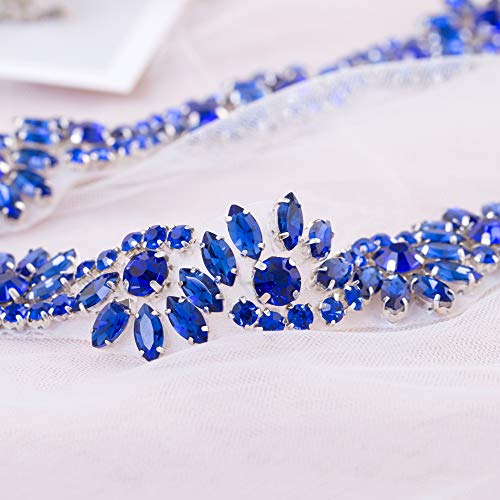 Something Blue Bridal Applique, FANGZHIDI 1 Yard Rhinestone Applique for Wedding Belt Sash- The Ribbon was NOT Attached to The Applique (026- Blue)