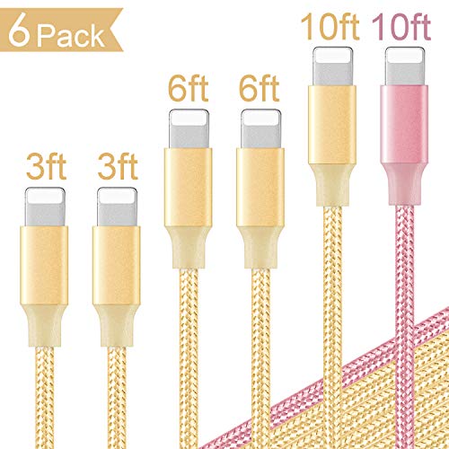 Phone Cable 6Pack 2x3FT 2x6FT 2x10FT to USB Syncing Data and Nylon Braided Cord Charger Charging Cable Compatible Phone XS MAX, XR, X, 8, 7, 7 Plus, 6, 6s, 6 Plus, 5, 5c, 5s, SE -GoldPink - Thumbnail 7