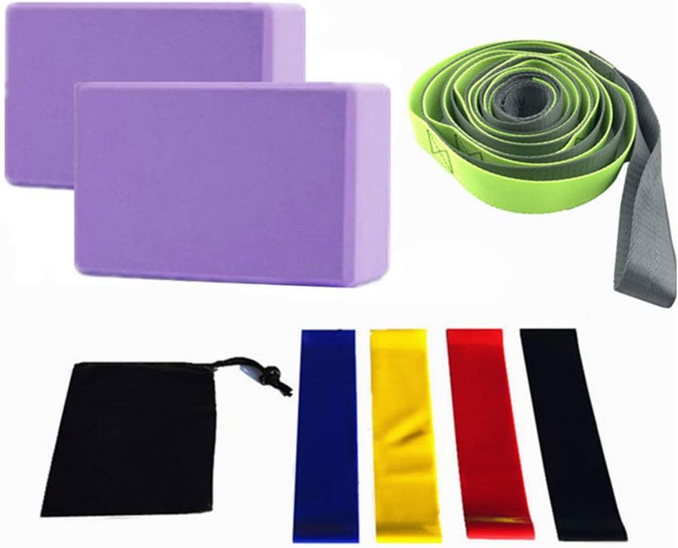 GreceYou 9-in-1 Yoga Set, 1 Yoga Strap with 12 Loops, 2 EVA Foam Soft Non-Slip Yoga Blocks 3x6x9 inches, 4 Resistance Bands, 1 Storage Bag for Yoga, Pilates, Stretching and Toning Workouts
