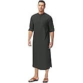 LVCBL Kaftan Mens Thobe for Men Button up Cotton and Linen Robe with Pocket Side Split Caftan Men Abaya Robe