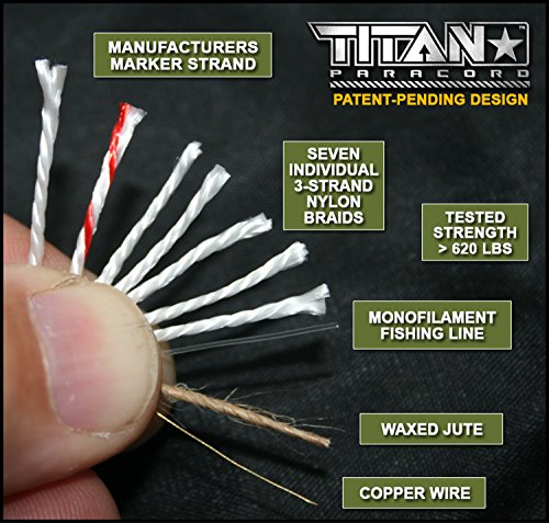 TITAN-SurvivorCord-Military-550-Paracord-316-Diameter-Fishing-Line-Waxed-Jute-Conductive-Wire-Exclusive-Patent-Pending-Parachute-Cord-Design TITAN-SurvivorCord-Military-550-Paracord-316-Diameter-Fishing-Line-Waxed-Jute-Conductive-Wire-Exclusive-Patent-Pending-Parachute-Cord-Design