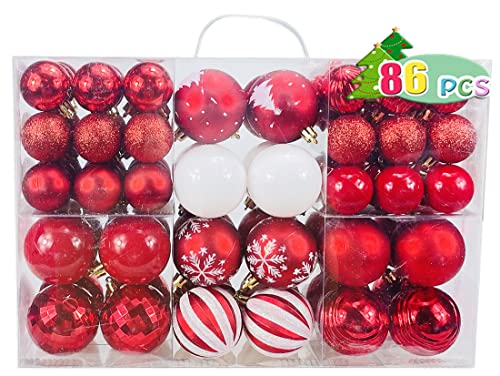 AOGU 86 Pcs Christmas Balls Red Christmas Tree Ball Ornaments Set Shatterproof Decorations for Trees Home Party Holiday Garlands Wreaths Decor Hanging Ball Ornaments Hooks Included