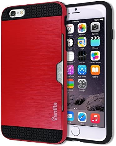 iPhone 6 / 6S Plus Metallic Card Slot Case Dual Layer Slim Fit Hard PC Back Cover TPU Hybrid Rubber Bumper Rugged Ergonomic Cell Phone Mobile Carrying Wallet Apple iPhone6 / iPhone6S Plus (Red)