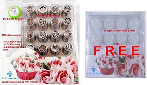 48 Piece Set Rystinworks Russian Piping Pastry Tips - Stainless Steel - Instructions - 1 3-piece Coupler, 1 Coupler, 1 Cloth Bag, 1 PEVA Bag, 5 Disposable Bags, 16 plastic tip set is FREE