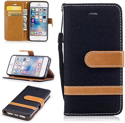 For iPhone 5/5S/SE Case [with Free Screen Protector], Metatze Premium Soft PU Leather Cowboy Cloth Wallet Cover Case For iPhone 5/5S/SE(Black)