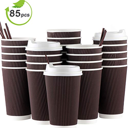 Coffee Cups With Lids, 16oz Disposable To Go Paper Coffee Cups for Hot Beverages, Bulex Hot Coffee Cups No Sleeves Needed (Brown)