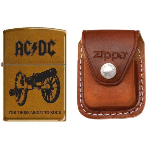 Zippo 7669 Classic Toffee Finish AC/DC Cannon For Those About to Rock Lighter with Zippo Brown Leather Clip Pouch