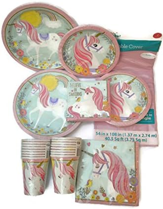 Magical Unicorn Party Supplies Pack Bundle - Serves 16 - Includes Plates, Napkins, Cups, and Table Cover