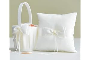 ATAILOVE Wedding Flower Girl Basket and Ring Bearer Pillow Set, Simple Bow Pearl Collection - Ivory