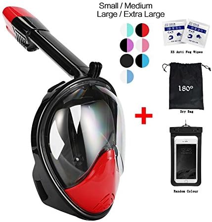 vaporcombo Snorkel Mask 180° view for Adults and Youth. Full Face Free Breathing Folding Design.[Free Bonuses] Cell Phone Universal Waterproof Case (BlackRed, L/XL)
