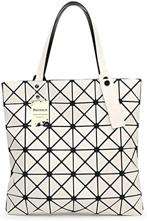 Womens Checkered Tote Bag,PU Leather Geometric Diamond Split Joint Shoulder Bag Top Handle Bag (White)