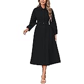YEXPINE Women Button Down Shirt Dress 3/4 Sleeve V Neck Collared Midi Dress Belted A Line Shirtdress with Pockets