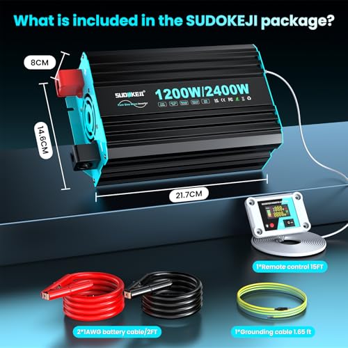 SUDOKEJI 1200W/2400W Pure Sine Wave Inverter, 12V-230V Converter with LCD Control, USB/Type-C Ports and 2 EU Outlets for Solar, Vehicles and Motorhomes