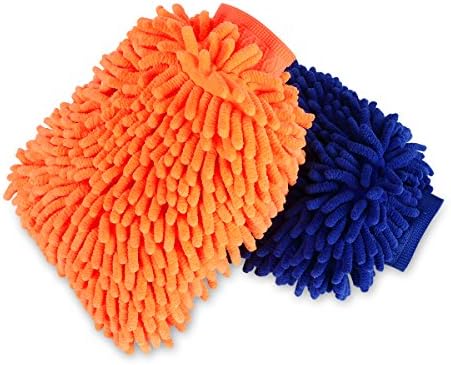 Car Cleaning Mitt Microfiber 2PCS Anti Scratch High Density Ultra Soft Water Asborption Vehicle Washing Gloves Dual Side Large 11x9in FIRSTWAY/Blue,Orange