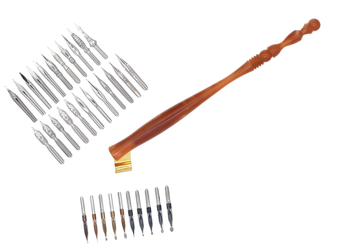 Gullor Oblique Calligraphy Dip Pen Nib Holder, Removable Nib Pen Handle Stand with 33 Nibs, Brown