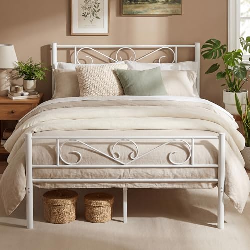 VASAGLE Bett 140 x 200 cm, Gästebett, Doppelbett aus Metall, Bettgestell, Bettrahmen, Metallbett, einfache Montage, mattweiß RMB064WG01