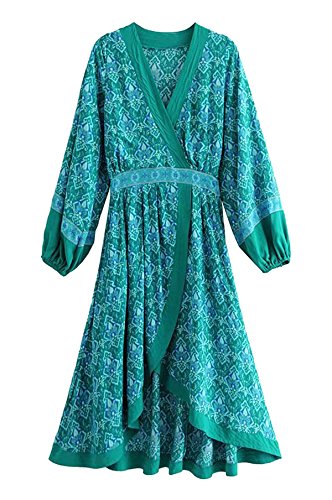 R.Vivimos Women Long Sleeve Vintage Floral Print High Low Asymmetric A-Line Dresses (Large, Green)