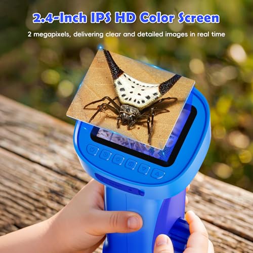 Kids Microscope 1000X, Ahalfcit Handheld Digital Camera with 2.4" HD IPS Screen, Portable Mini Pocket Nature Exploration Toy, STEM Science Learning Gift for 3-12 Year Old Boys and Girls