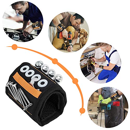 Magnetic Wristband,Tool Belt with 15 Strong Magnets and 2 Pockets for Holding Screws,Tools, Nails,Drill Bits,Great Gifts for Men,Dad,Husband,DIY Handyman, Black