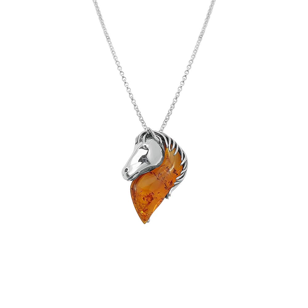 Kiara Jewellery 925 Sterling Silver Horse Head Pendant Necklace Inset With Brown Baltic Amber on 18" Sterling Silver Belcher Chain.