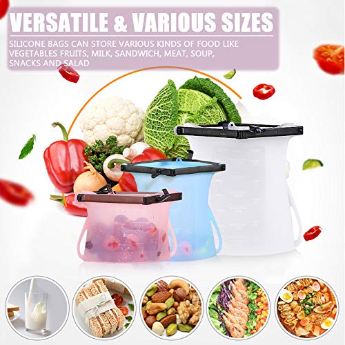 Silicone Reusable Food Storage Bag, 100% Stand-Up, Innovative Leak Proof and Space Saving Design, 3 Packs, Clear/Pink/Sky Blue - Thumbnail 3