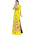 I4 The peach blossom Yellow Ao dai Vietnam Vietnamese Traditional Ao Dai For Women, Vietnamese Dress For Women, Ao Dai Dress For Women ao dai Tet (5XL)