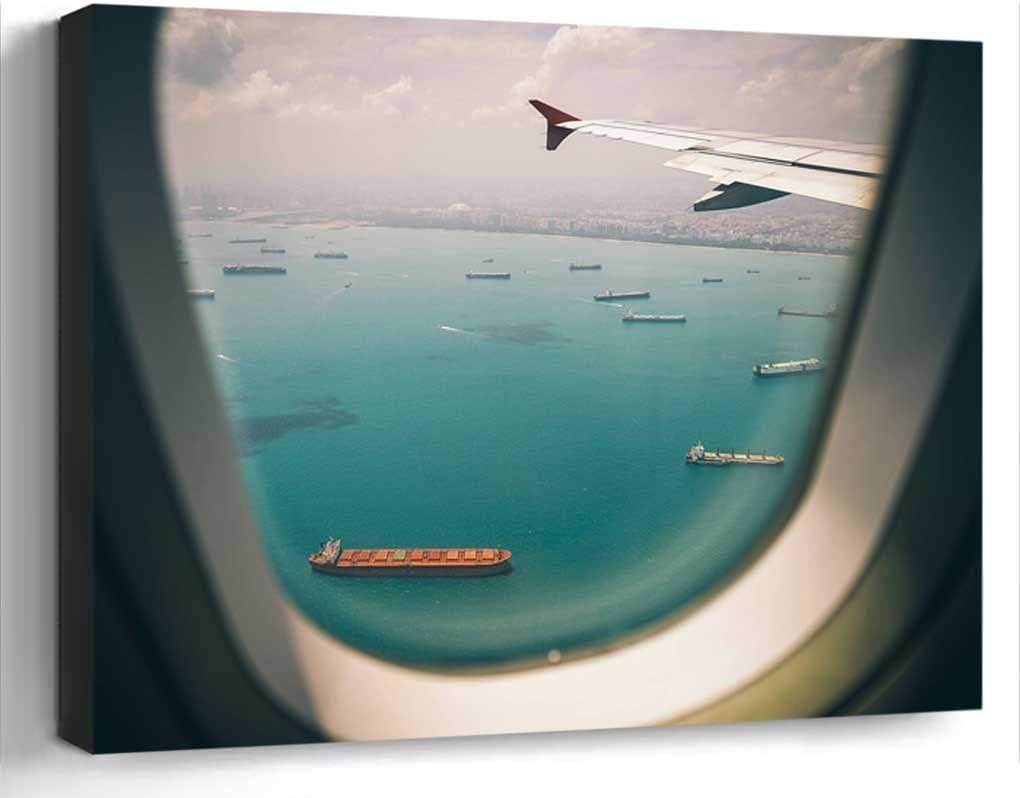 Wall Art Print Canvas Framed Artwork Home Decor(20x16 in)- Window Airplane Airline Travel Trip Sky Sea