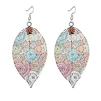 Myhouse Hollow Leaf Print Earrings Vintage Ethnic Ear Pendant Metallic Color Earrings