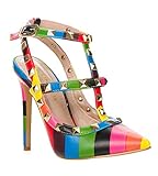 Women's Gladiator D'orsay Rockstud01 Multi Metal Stone Ankle T Strap Pointy Studed Stiletto Heel Pumps