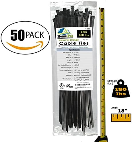 Heavy Duty 18 Inch Zip Cable Ties (50 Pieces) — 180 LB Extra Strength — Extreme Weather Industrial &amp; Marine Grade 6/6 Nylon, UV Black