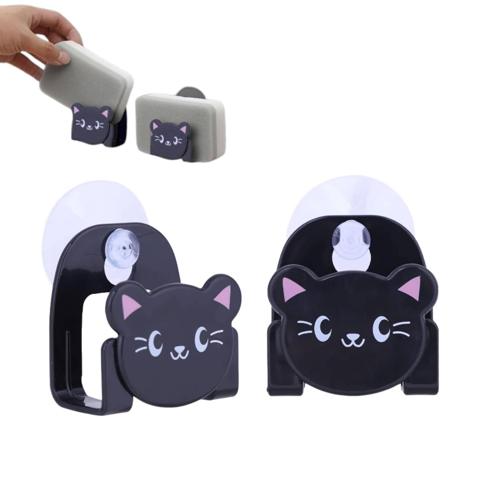 2PCS Cat Shape Sponge Holder, Faucet Kitchen Sponge Holder No Drilling Suction Cup Organizer Basket for Sponges Soaps Brush, 6 * 6.5cm