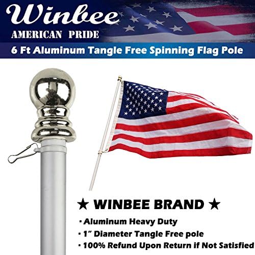 Aluminum Heavy Duty Flag Pole - 6 Ft Tangle Free Spinning Flag Pole Residential or Commercial, Best Garden Flag Pole for American Flag with Grommets, Wind Resistant and Rust Free (Silver + Silver)