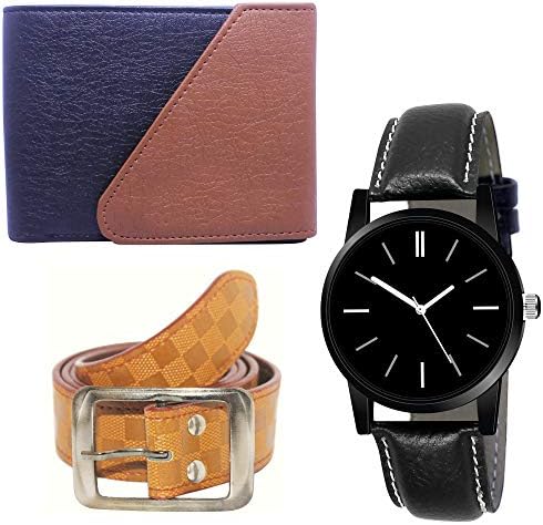 Xforia Stylish 3 Pcs Combo Gift Set of Black & Brown Boy's Leather Belt, Wallet & Analog Watch - XF_WBW_720