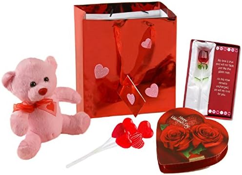 JiffyFish International Valentine's Gift Package for Her including Pink Bear and Valentine Glass Rose with Love Poem - The Perfect Valentine's Day Gift!