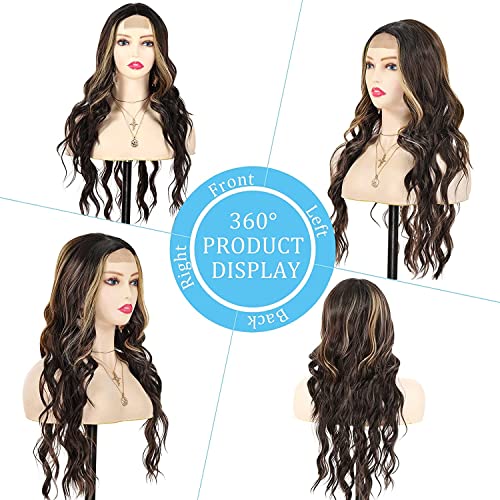 POPTAIYU Long Brown Mixed Blonde Wavy Highlight Lace Front Wig for Women 26 Inch Middle Part Curly Wig Natural Looking Synthetic Heat Resistant Imported Fiber Wig for Daily Party Use (Brown Mixed Blonde)