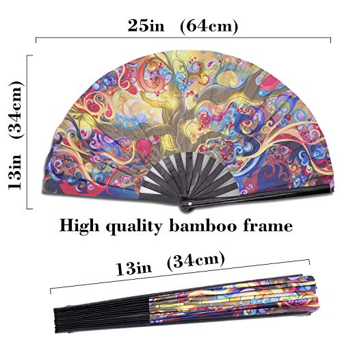 SYNTECSO Folding Hand Fan for Rave, Large Bamboo Fan for Women and Men Giftï¼ŒChinese Japanese Clack Fan for Parties, Music Festivals, Drag Race and Decoration (Trippy Tree)