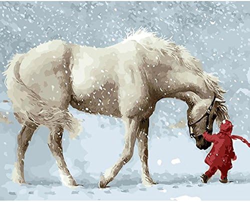 Wivilly Children's DIY Oil Painting By Numbers Kits,White Horse On Snow 12 X 16 inch,Acrylic Colorful Drawing Educational Toys for Kids to Draw on Canvas